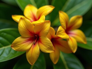 Fototapeta premium medicinal herbs and berries, traditional medicine Close up of a yellow flower with red petals. The flower is surrounded by green leaves
