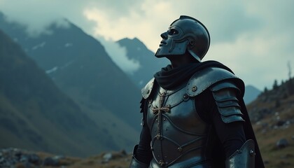Fototapeta premium Medieval Knight In Armor Gazing Upward In Mountainous Landscape