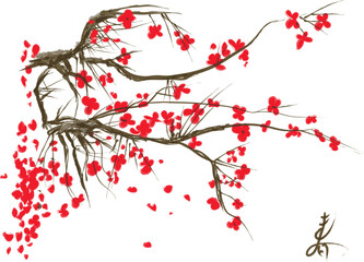 Realistic Sakura Blossom - Japanese Cherry Tree. Artistic Branch Plum Blossom. Vector