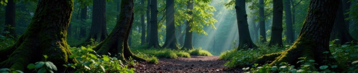 Obraz premium Dense forest with twisted tree trunks on dark wood background, foliage, forest, eerie atmosphere