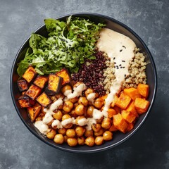 A delicious quinoa bowl with roasted sweet potatoes, chickpeas, and tahini dressing. Featuring a plant-based, nutritious meal