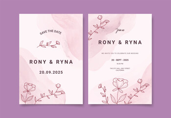 Elegant Floral Wedding Invitation, minimalist with hand drawn flower and leaves decoration