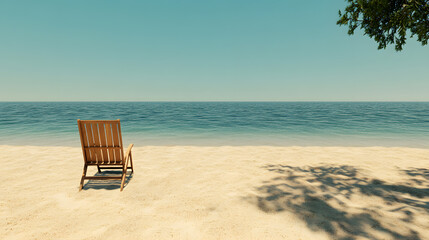 Tranquil Beach Scene with Wooden Chair and Serenity of Waves