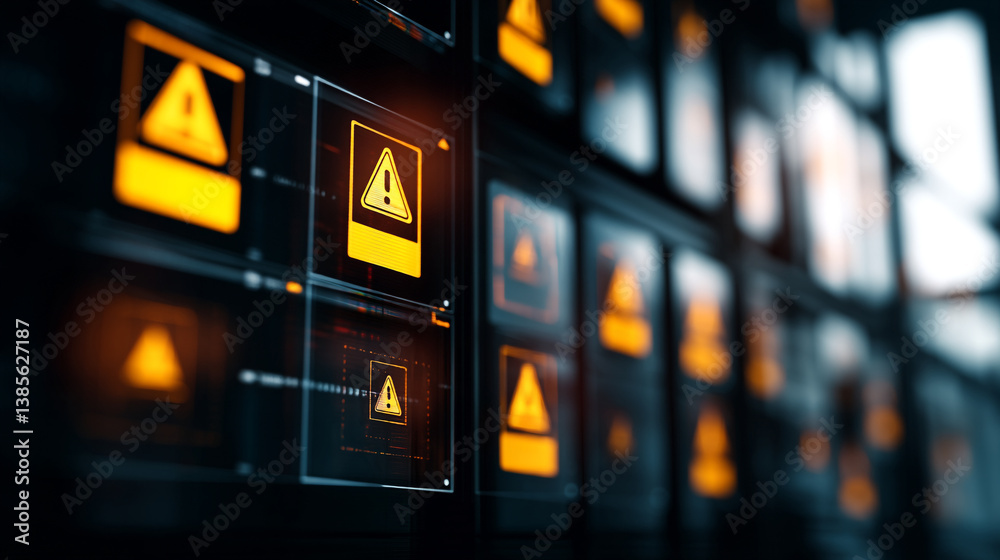 Poster array of digital screens displaying yellow warning signs with exclamation points in a dark setting