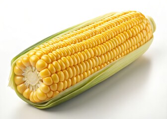 A close-up shot of a whole, fresh yellow corn cob, showcasing the vibrant yellow kernels and the surrounding green husks.