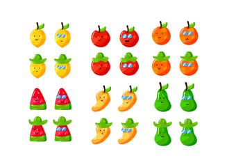 set of fruit mango, orange, watermelon, avocado, lemon cartoon trendy character set