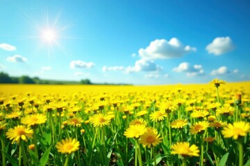 Fototapeta premium field of yellow dandelions under bright blue sky, blue sky, green grass, nature