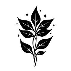 Black & White Leafy Stem Illustration with Star Elements, Minimalist Design