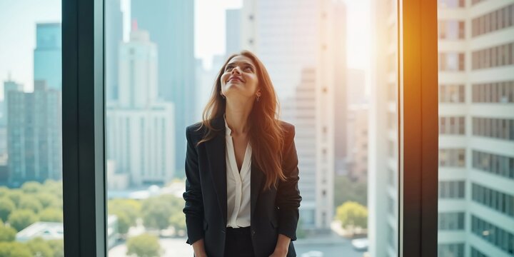 Young woman face up, high rise office window. View busy modern city New York. White collar suit attire, us bright urban living Female energy life Light lady dress. Indoor people goal World worker day