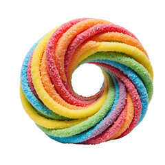 A colorful, spiral-shaped candy made of gummy sugar, featuring a vibrant mix of red, yellow, green, and blue hues.