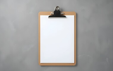 Clipboard with a blank white paper on a grey background, blank clipboard with white paper for editing or writing