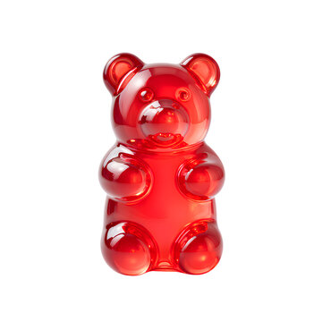 A vibrant red gummy bear with a glossy surface and a playful stance, showcasing its distinctive bear shape and features.