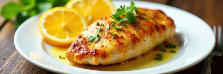 Crispy roasted chicken breast on a white plate with citrus slices and herbs , kitchen, crispy chicken breast