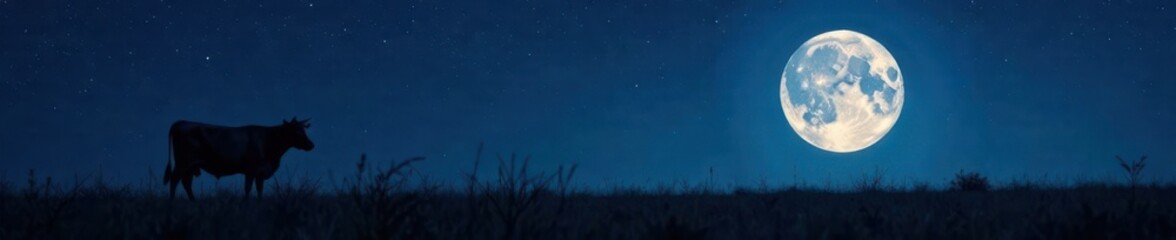 Obraz premium Dark silhouette of cow against bright full moon background at pasture under starry night sky, wildlife, cows silhouette
