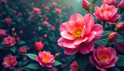 Fototapeta premium Dense, layered blossoms, swirling stems, vibrant hues, print, art, nature