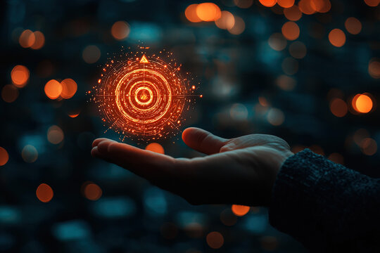 A businessman's hand holds a virtual target icon with an arrow in the center, against a dark background.
