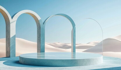 Fototapeta premium Desert Scene, Light Blue Podium, Arches, Sunny Day