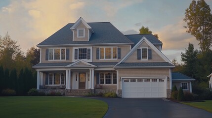 A large, light beige and gray, two-story house with light beige siding, white trim, and a light brown tan stone foundation 