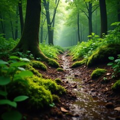 Fototapeta premium Muddy forest floor with overgrown vegetation and moss, forest, earthy, grunge