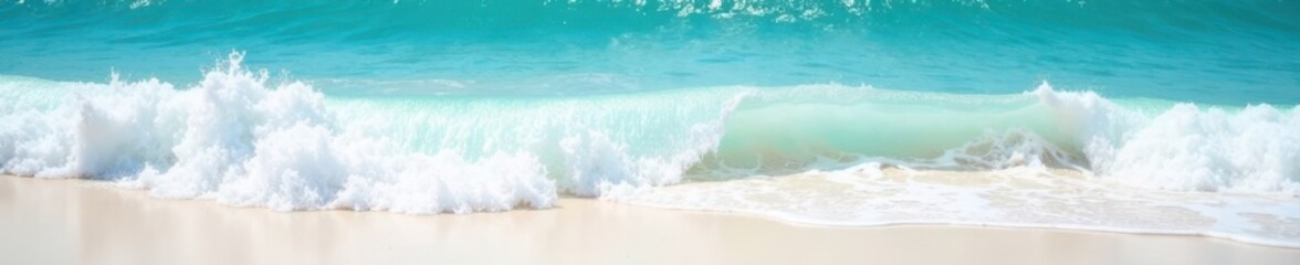 Obraz premium Ocean waves crashing on white sandy beach with foam and turquoise blue water texture , foam, waves