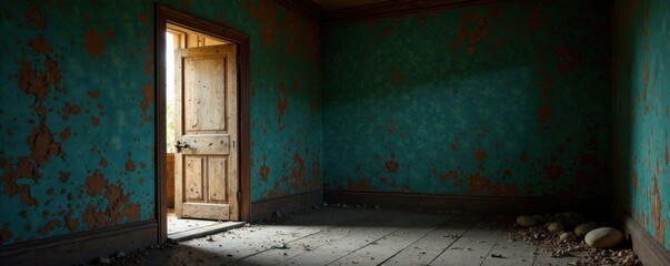 Old wooden door in a dark abandoned house, dark space, door, old