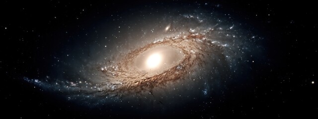 Naklejka premium Stunning Spiral Galaxy in Deep Space with Ethereal Stars and Nebula, Illuminated by Bright Central Star Against Cosmic Dust Clouds