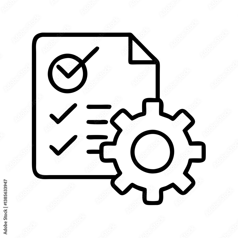 Poster project management checklist with gear icon for process optimization and task completion system desi