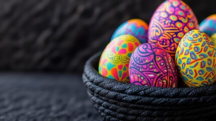 A close-up shot reveals a rustic dark bowl overflowing with vibrantly decorated Easter eggs showcasing intricate colorful patterns and designs perfect for sp celebrations and