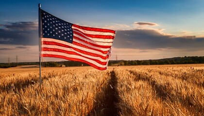 American flag waving proudly amidst field of golden wheat at sunset