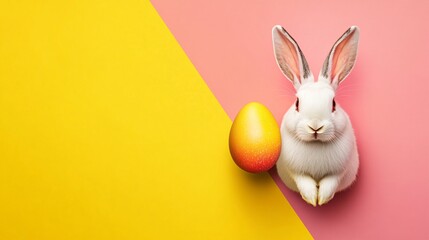 Obraz premium Clean Professional Banner with Bright Neutral Background Featuring Playful Rabbit and Vibrant Easter Egg Made with Generative AI Technology
