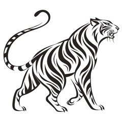 Obraz premium tribal tiger, geometric pattern, black and white illustration, stylized animal art, roaring feline, bold lines, diamond shapes, symmetrical design, monochrome, abstract big cat, native art influence, 