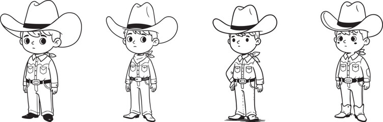 Cowboy character design sheet vector illustration for coloring book page and creative projects