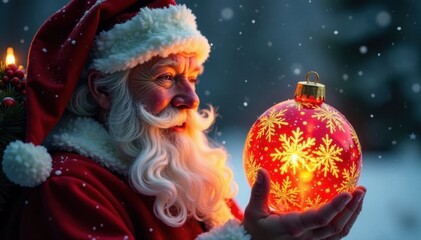Fototapeta premium Santa's cheerful eyes shine bright with glowing Christmas ball , glowing, decoration, warm