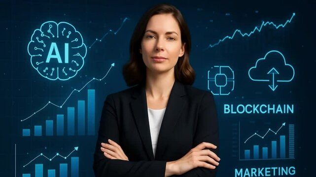 Confident Innovator: A determined woman stands confidently, surrounded by vibrant digital elements representing AI, blockchain, and marketing. The image captures the essence of a visionary.