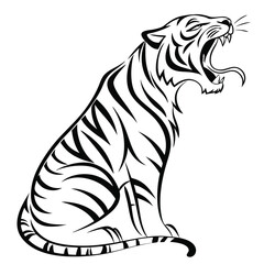 tribal tiger, geometric pattern, black and white illustration, stylized animal art, roaring feline, bold lines, diamond shapes, symmetrical design, monochrome, abstract big cat, native art influence, 