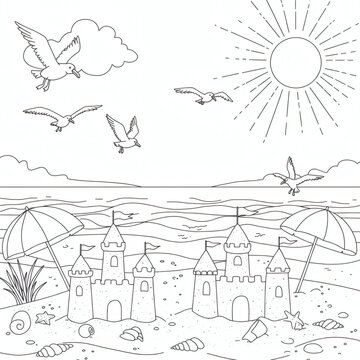Seashore Scene with Sandcastles and Seagulls A Relaxing Coloring Page