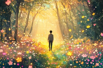 Anime style illustration of a young man walking down a magical forest path filled with glowing flowers and colorful trees, surrounded by warm golden light and floating petals.
