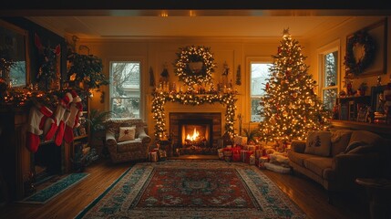 Fototapeta premium A cozy and inviting Christmas living room adorned with festive decorations, twinkling lights, and a warm fireplace ambiance.
