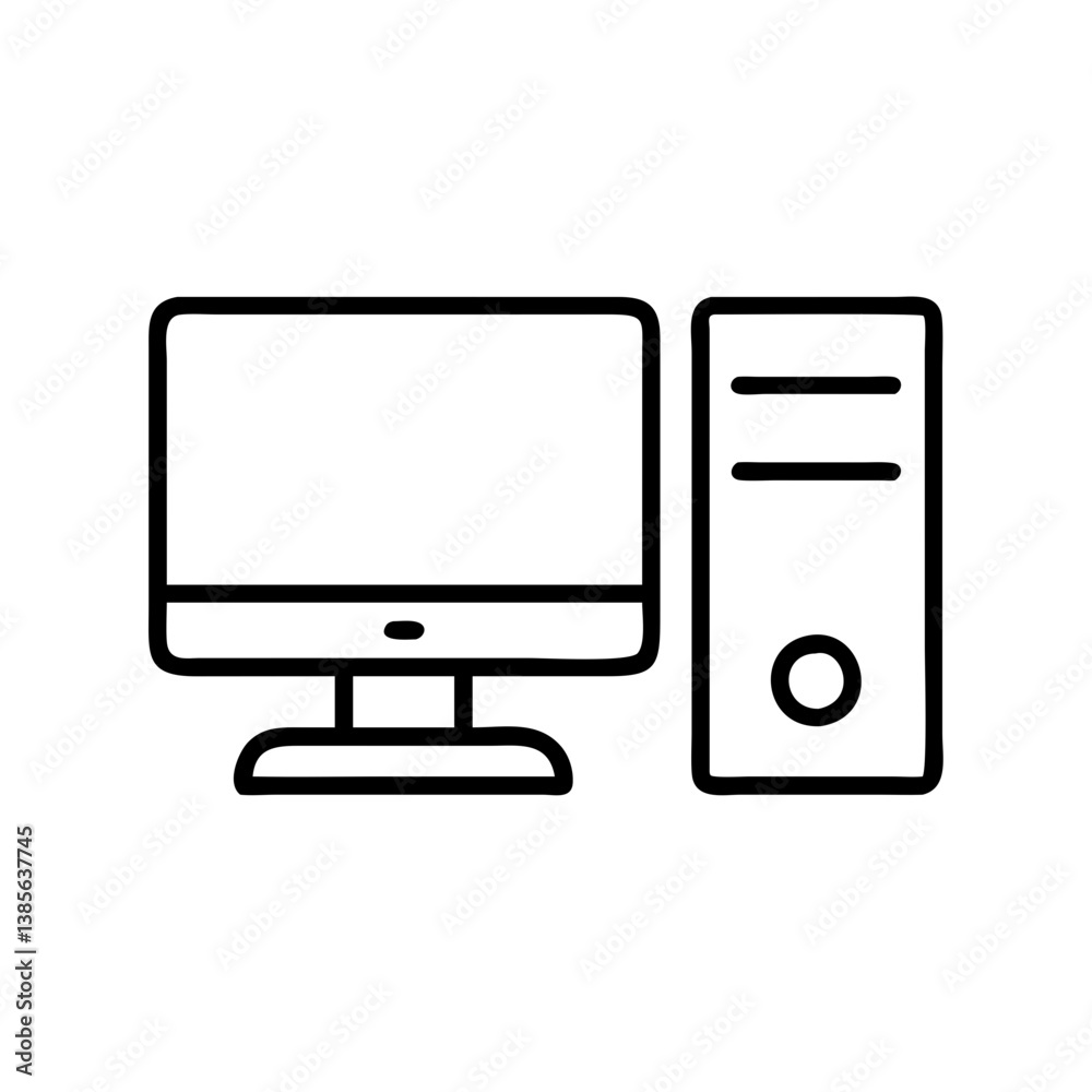 Poster desktop computer pc vector icon workstation technology hardware outline monitor cpu tower system iso