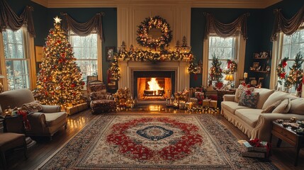 Fototapeta premium Cozy and festive living room decorated for Christmas, featuring a roaring fireplace, beautifully adorned trees, and warm, inviting ambiance