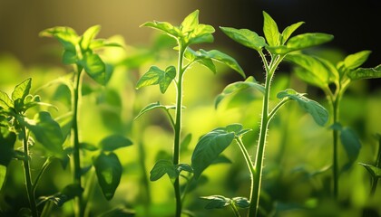 Obraz premium Vibrant Young Tomato Plants Thriving In The Morning Light: A Beautiful Sight Of Growth And Greenery At Sunrise On The Farm.