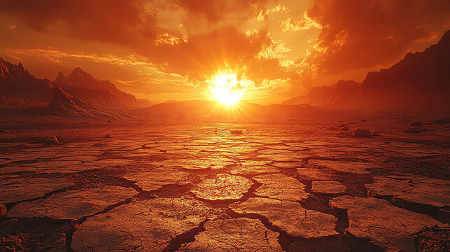 Heatwave with a blazing sun over a cracked earth landscape, extreme weather, intense heat