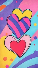 Three hearts are painted on a colorful background. The hearts are arranged in a row, with the middle one being the largest. The background is a mix of bright colors, including yellow, pink, and blue