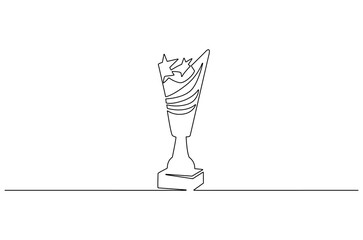 Continuous one line drawing of Award trophy cup. Single line drawing illustration of trophy cup competition. Winner champion concept vector art. Line vector illustration.