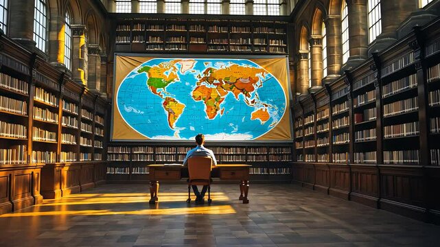 Man sitting alone in grand library hall facing large illuminated world map surrounded by tall wooden bookshelves and warm sunlight

