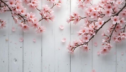 Cherry blossom branches, delicate pink flowers, white wooden background.