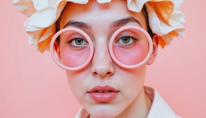 Naklejka premium Portrait Of A Young Woman With Rings On Her Face In A Stylized Pink Setting