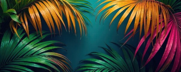 Fototapeta premium Palm leaves with vibrant colors and intricate textures, plant life, palm leaves