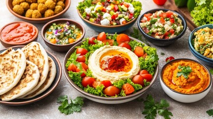 A vibrant spread of Mediterranean dips, salads, and flatbreads