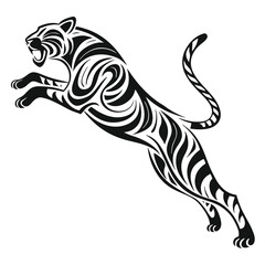 fierce tiger head, tribal style, black and white illustration, roaring, sharp fangs, stylized stripes, bold lines, graphic design, mascot, strong profile view, aggressive expression, sleek curves, min